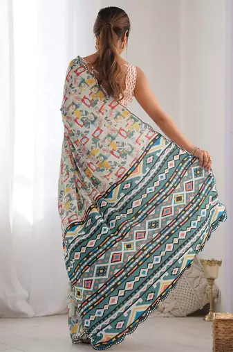 Blue tropical printed mirror work chinon saree with blouse piece