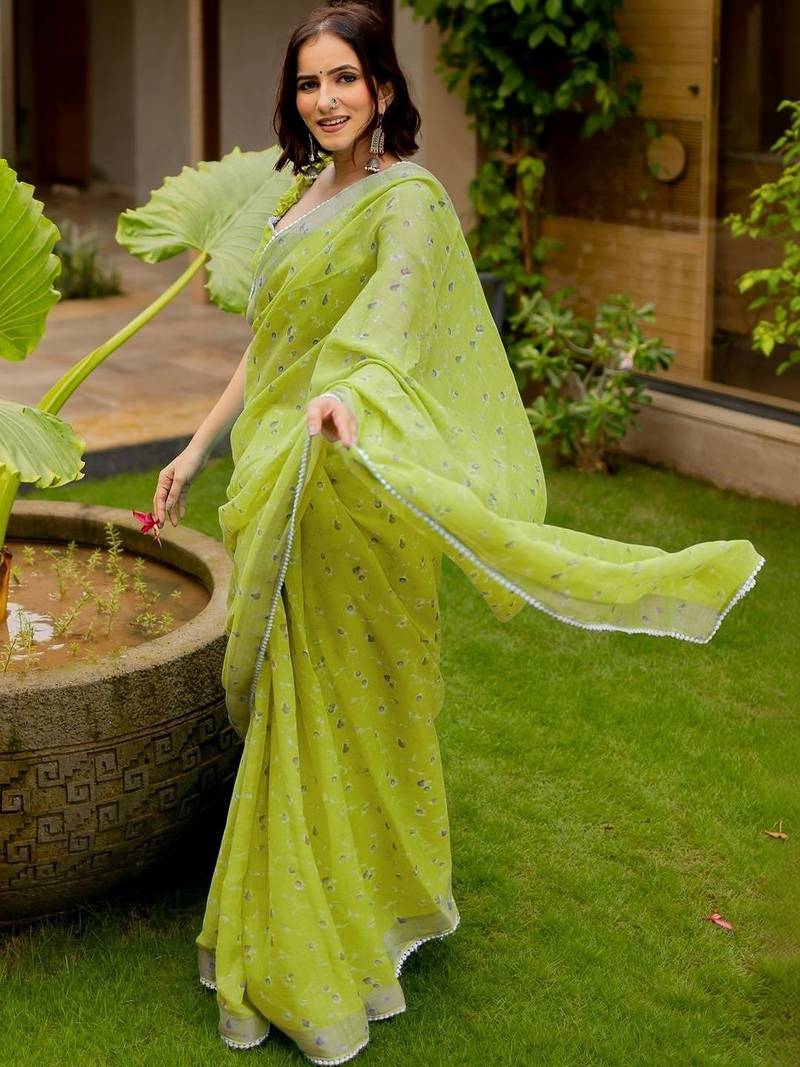 Lime floral saree
