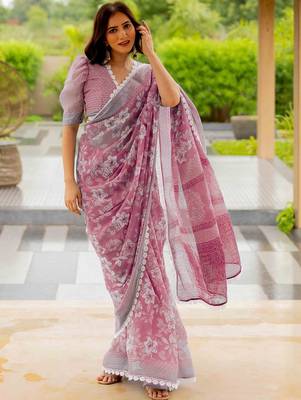 Pink pink printed cotton blend  sarees 1