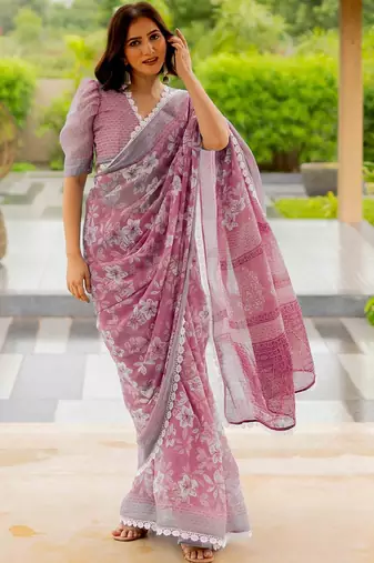 Pink pink printed cotton blend  sarees