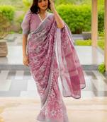 Pink pink printed cotton blend  sarees