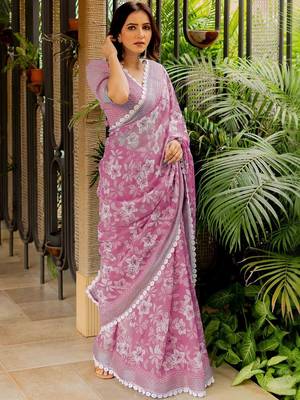 Pink pink printed cotton blend  sarees 2