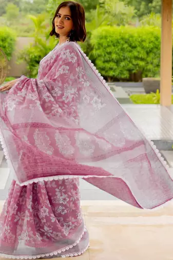 Pink pink printed cotton blend  sarees