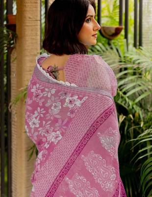 Pink pink printed cotton blend  sarees 4