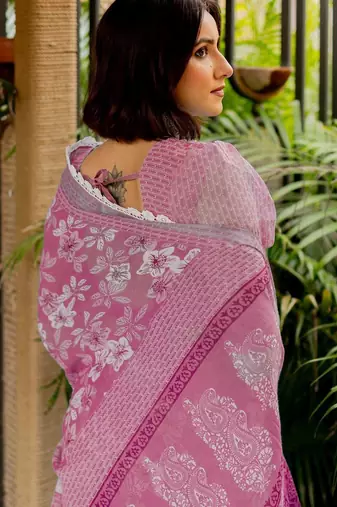 Pink pink printed cotton blend  sarees