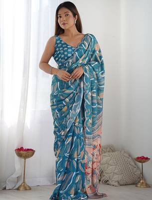 Blue mirror work poly chiffon saree 1