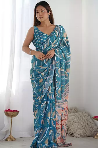Blue mirror work poly chiffon saree