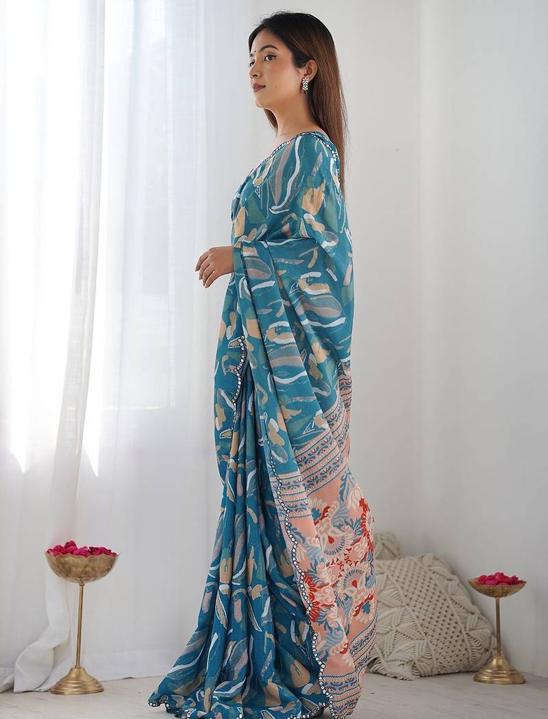 Blue mirror work poly chiffon saree