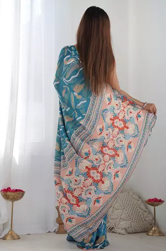 Blue mirror work poly chiffon saree