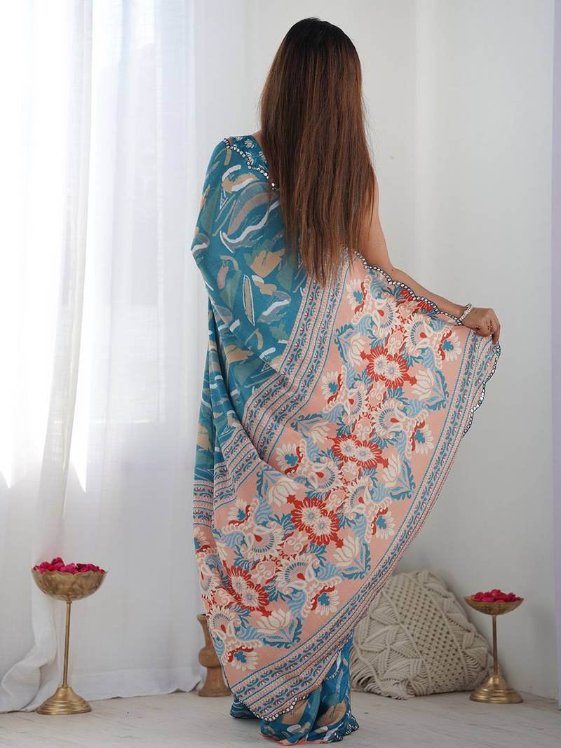 Blue mirror work poly chiffon saree