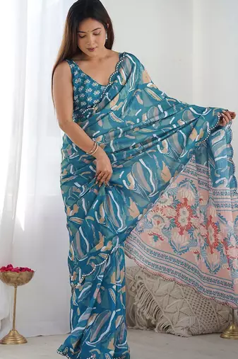 Blue mirror work poly chiffon saree