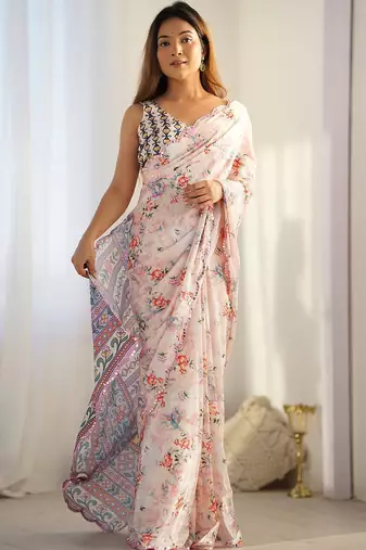 White floral printed mirror work saree