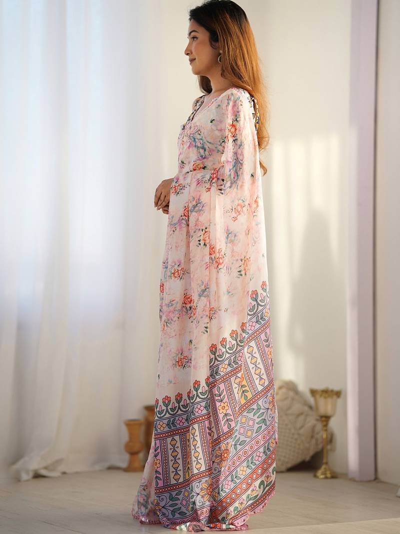 White floral printed mirror work saree