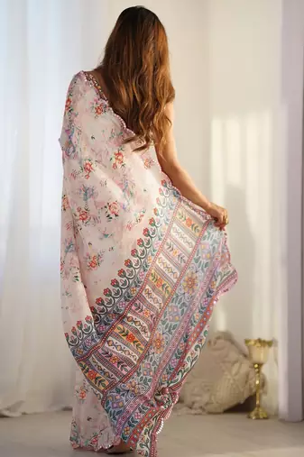 White floral printed mirror work saree