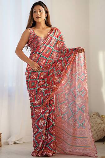 Red ethnic motifs printed mirror work saree