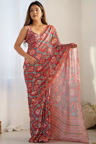 Red ethnic motifs printed mirror work saree
