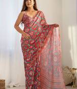 Red ethnic motifs printed mirror work saree