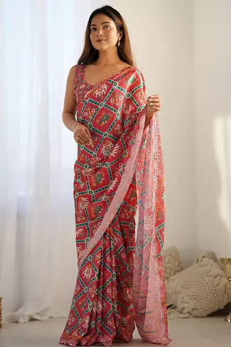 Red ethnic motifs printed mirror work saree