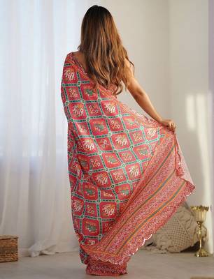 Red ethnic motifs printed mirror work saree 3
