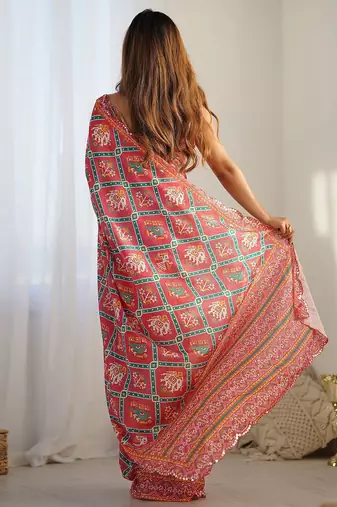 Red ethnic motifs printed mirror work saree