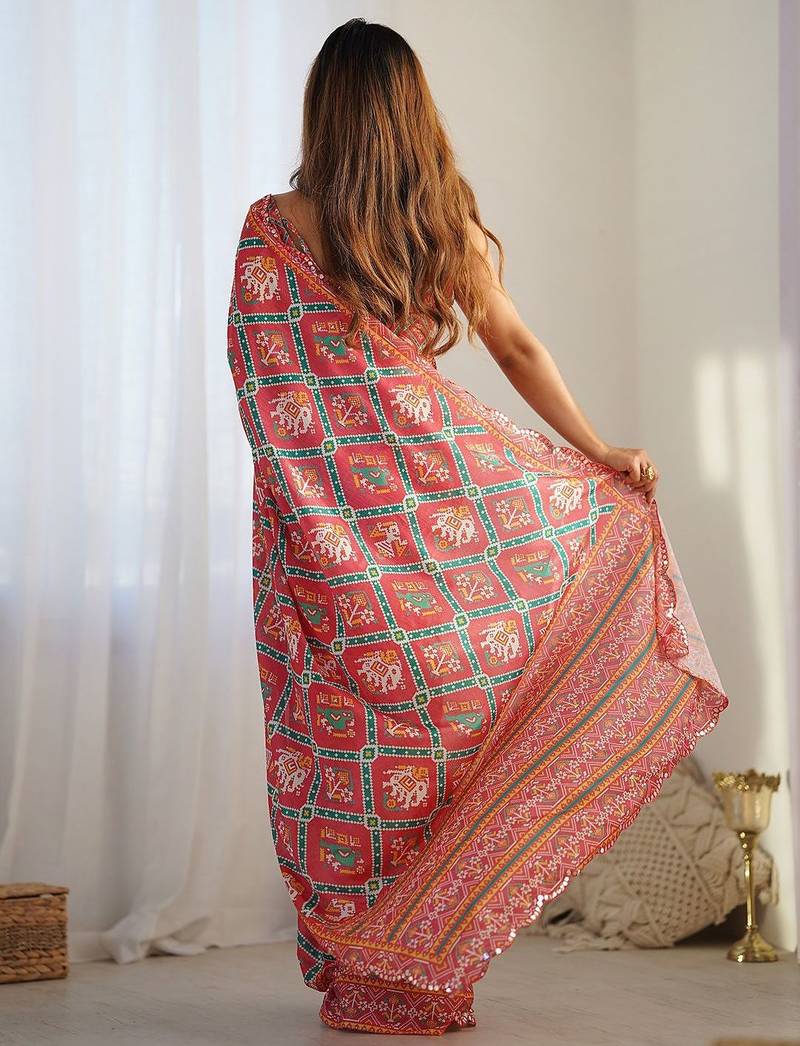 Red ethnic motifs printed mirror work saree
