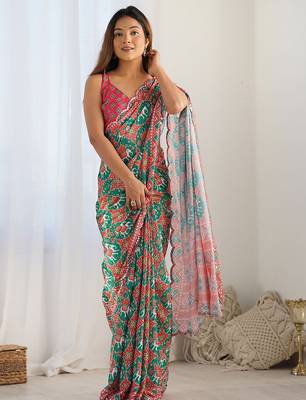 Green ethnic motifs printed mirror work border saree with blouse piece 1