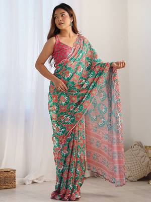 Green ethnic motifs printed mirror work border saree with blouse piece 4