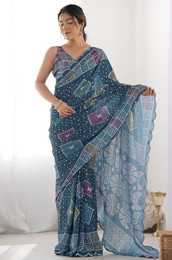 Teal bandhani mirror work poly chiffon saree