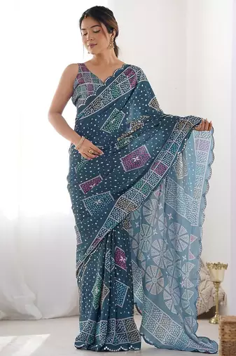 Teal bandhani mirror work poly chiffon saree