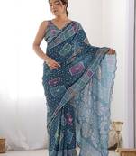 Teal bandhani mirror work poly chiffon saree