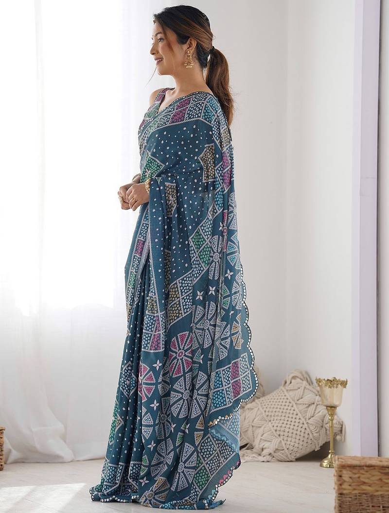 Teal bandhani mirror work poly chiffon saree