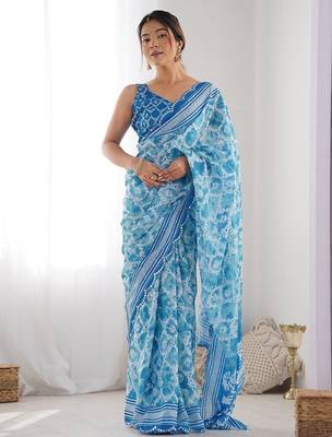 Blue floral printed mirror work saree with unstitched blouse piece 1