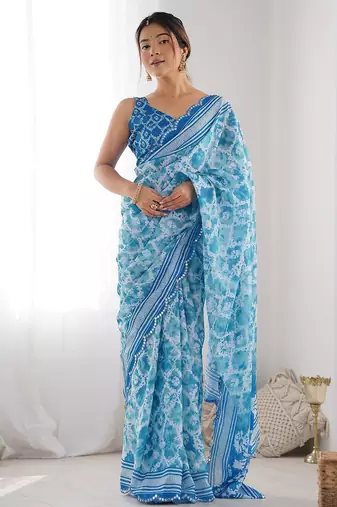 Blue floral printed mirror work saree with unstitched blouse piece
