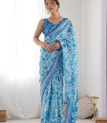 Blue floral printed mirror work saree with unstitched blouse piece