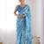 Blue floral printed mirror work saree with unstitched blouse piece