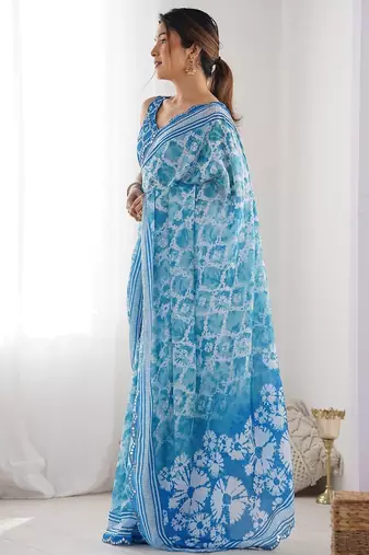 Blue floral printed mirror work saree with unstitched blouse piece