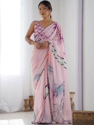 Pink mirror work poly chiffon saree 1