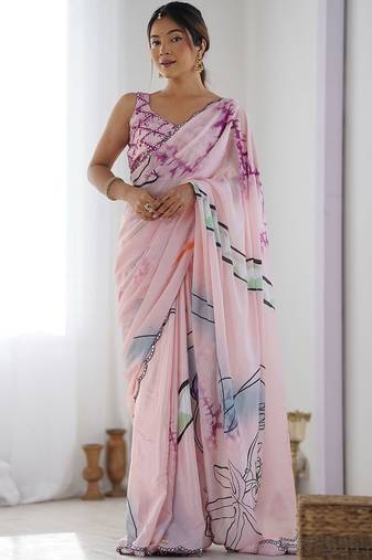 Pink mirror work poly chiffon saree