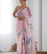 Pink mirror work poly chiffon saree