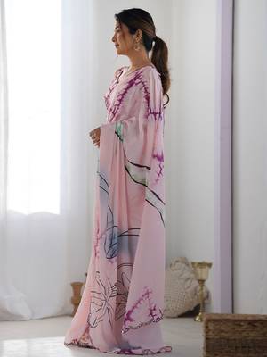 Pink mirror work poly chiffon saree 2