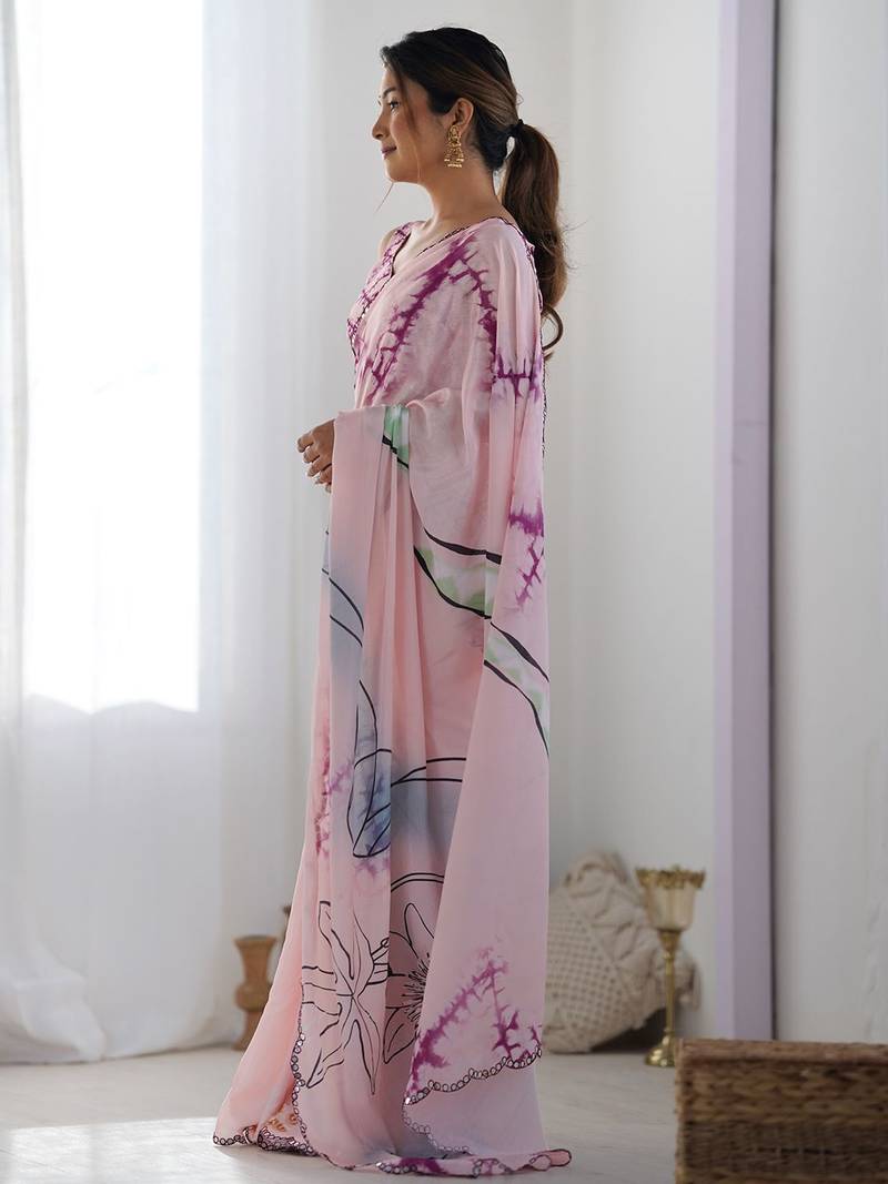 Pink mirror work poly chiffon saree