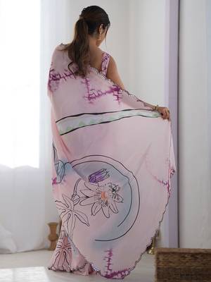 Pink mirror work poly chiffon saree 3