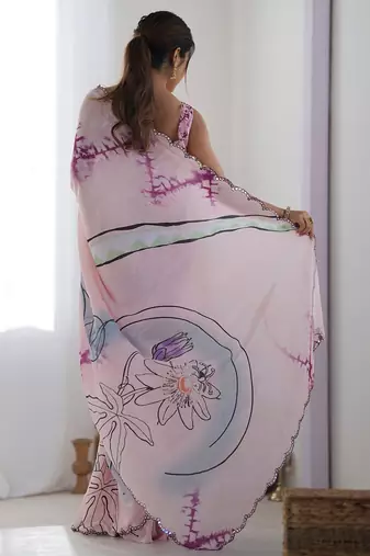 Pink mirror work poly chiffon saree