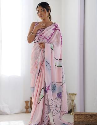 Pink mirror work poly chiffon saree 4