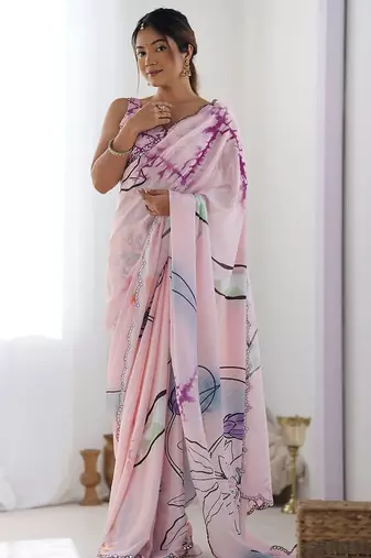 Pink mirror work poly chiffon saree