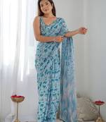Blue geometric printed saree