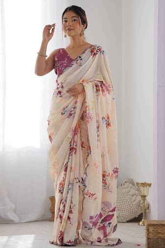Peach floral printed mirror work chinon saree