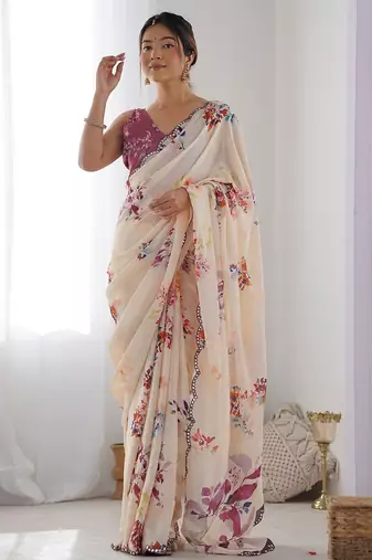 Peach floral printed mirror work chinon saree