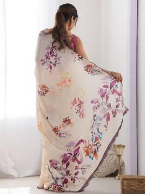 Peach floral printed mirror work chinon saree 2