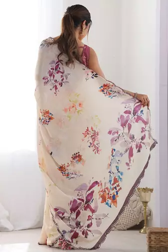 Peach floral printed mirror work chinon saree